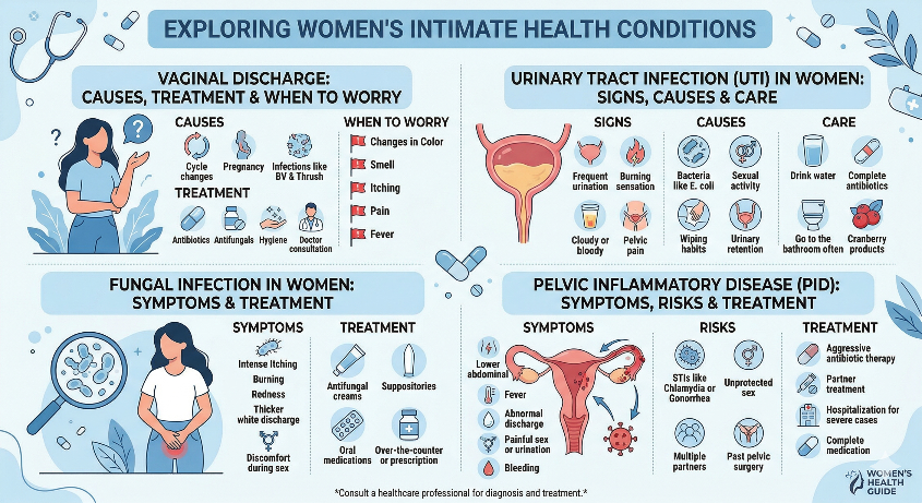 Infographic showing vaginal discharge, UTI, fungal infection, and pelvic inflammatory disease - causes, symptoms, and treatment