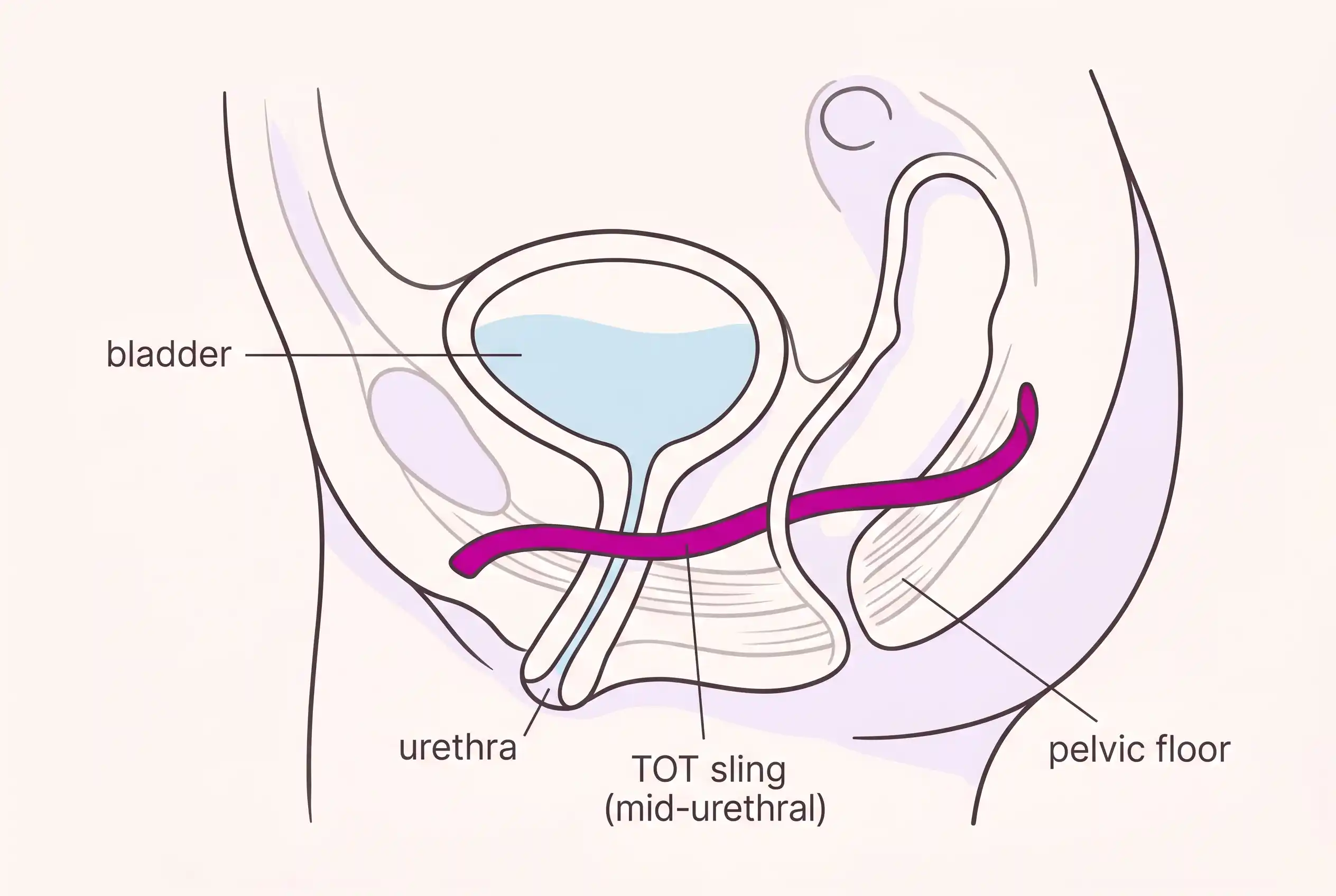 Medically accurate line-art illustration of the female lower pelvis showing bladder, urethra and pelvic floor with a TOT (transobturator) sling positioned under the mid-urethra in brand-magenta accent
