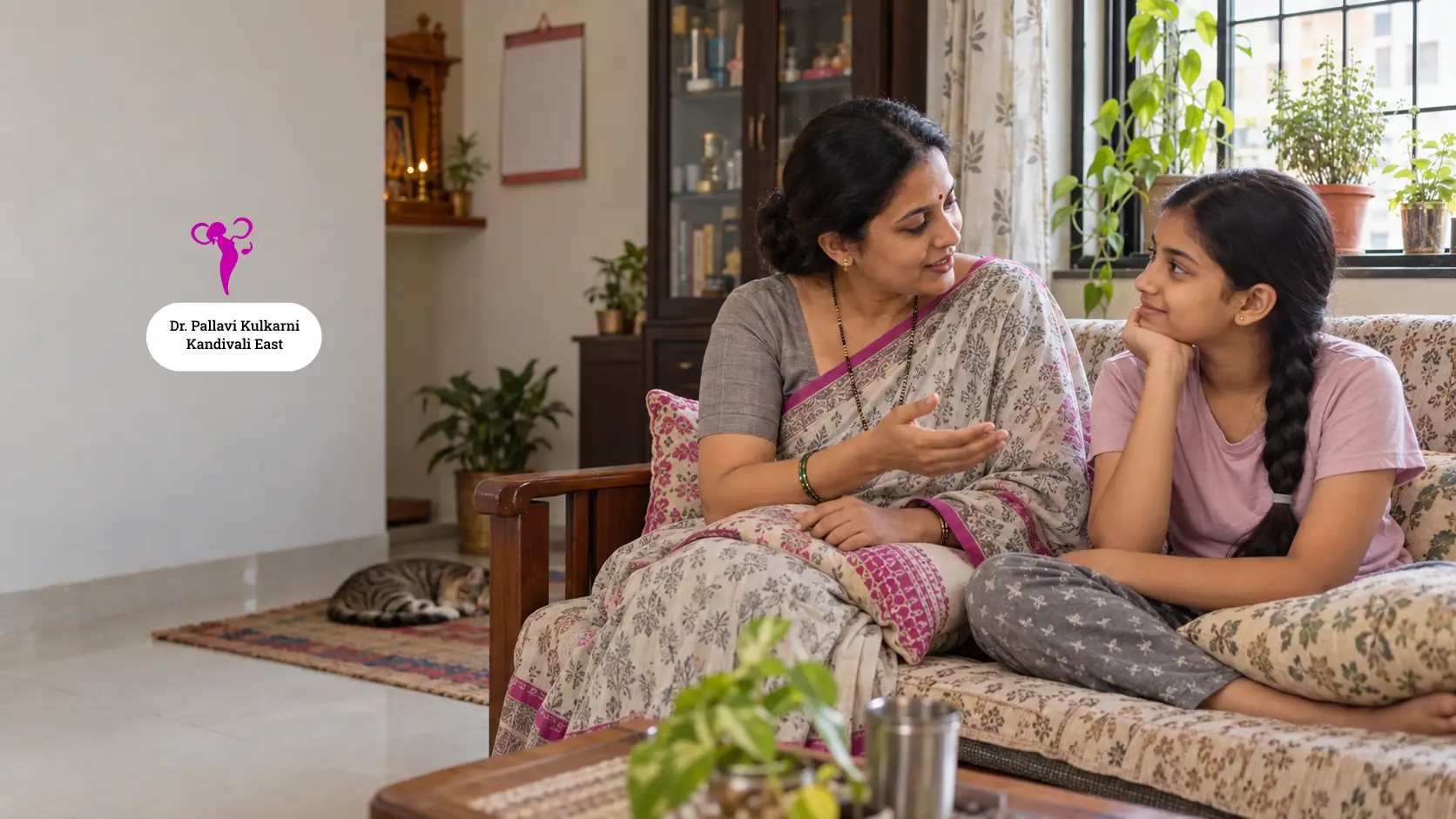 Marathi mother and her young teenage daughter talking at home in Mumbai about the HPV vaccine