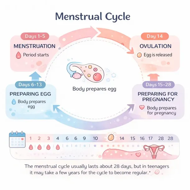 Menstrual cycle diagram showing the 28-day cycle phases in teenagers