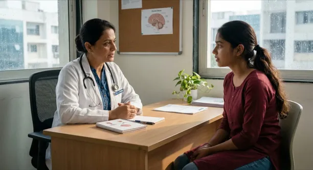 Doctor counselling teenage girl about irregular period treatment