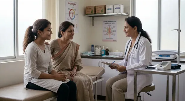 Doctor counselling teenage girl and parent about painful periods