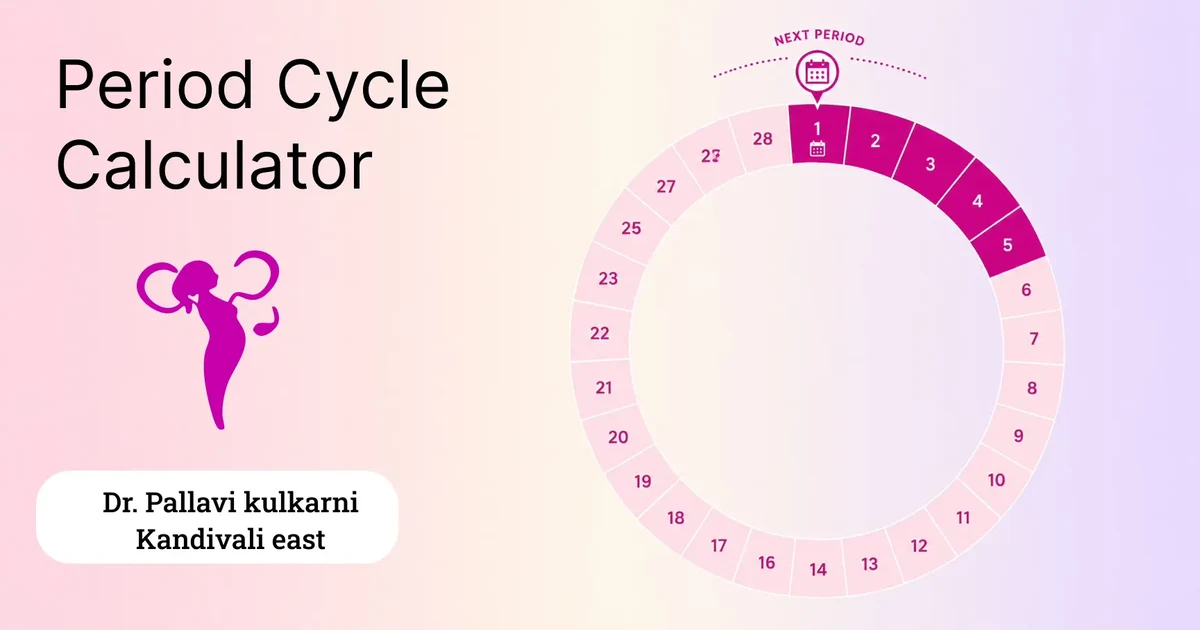 Period Cycle Calculator - circular cycle wheel infographic by Dr. Pallavi Kulkarni
