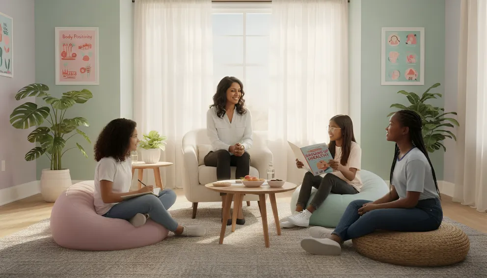 Doctor discussing puberty, body positivity and growing up healthy with teenage girls in a counselling session