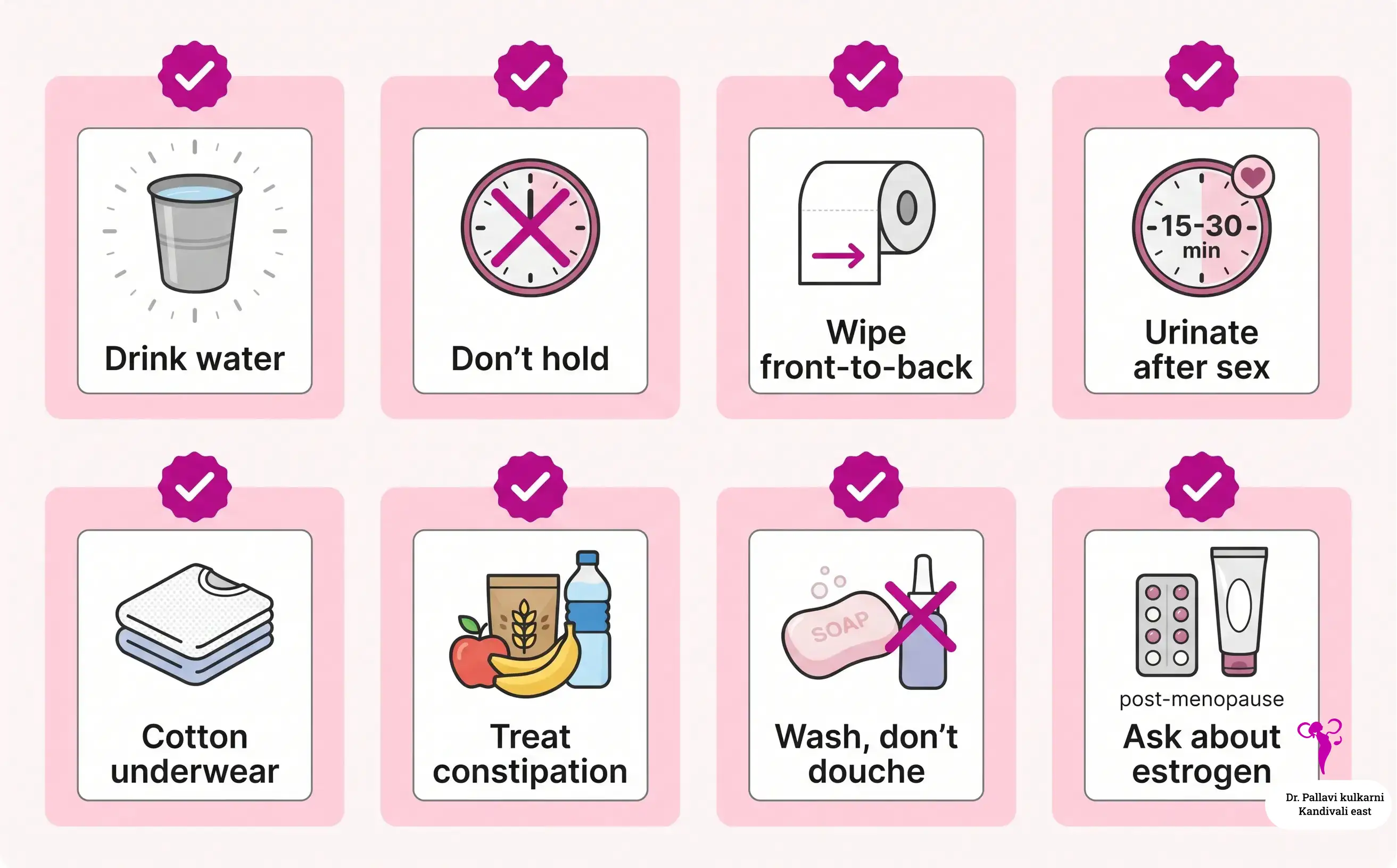 Illustration showing UTI prevention habits including hydration, urinating after sex, cotton underwear, and front to back wiping