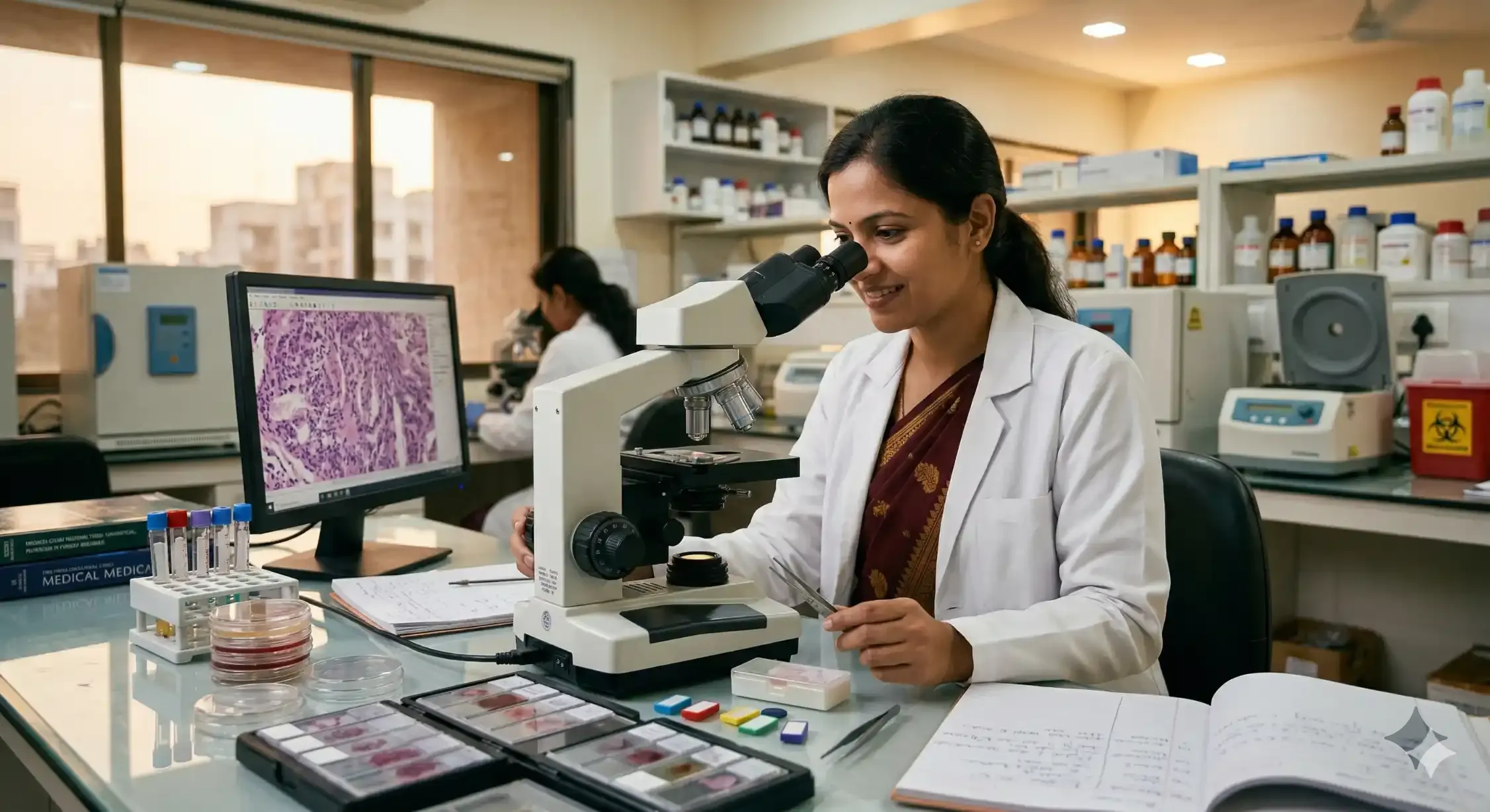 Doctor examining lab slides for vaginal infection diagnosis